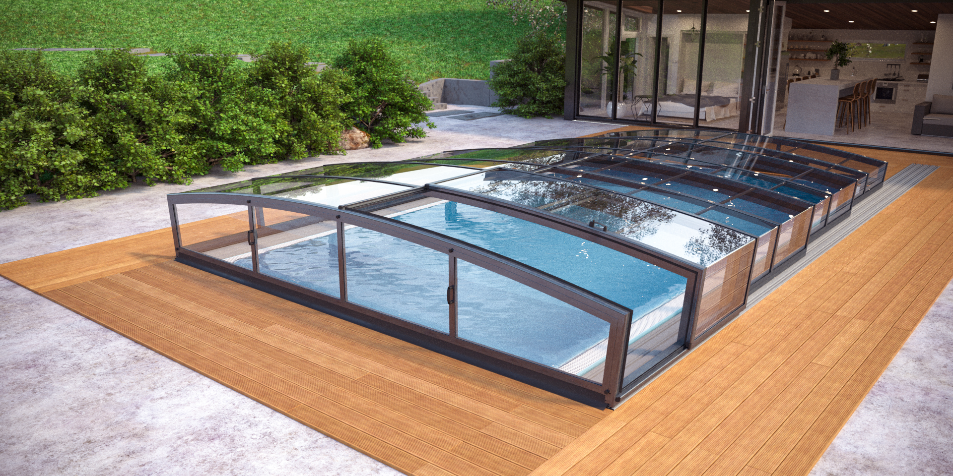 Poolbau Bonn - Bild eines fertigen Pools mit Holzumrahmung